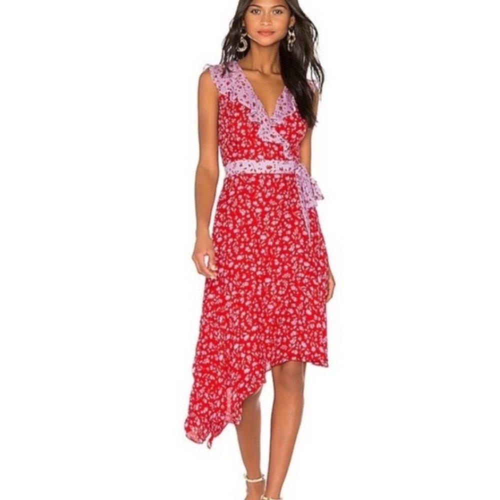 Parker Jennifer Combo Asymmetrical Midi Dress in Red and Purple
